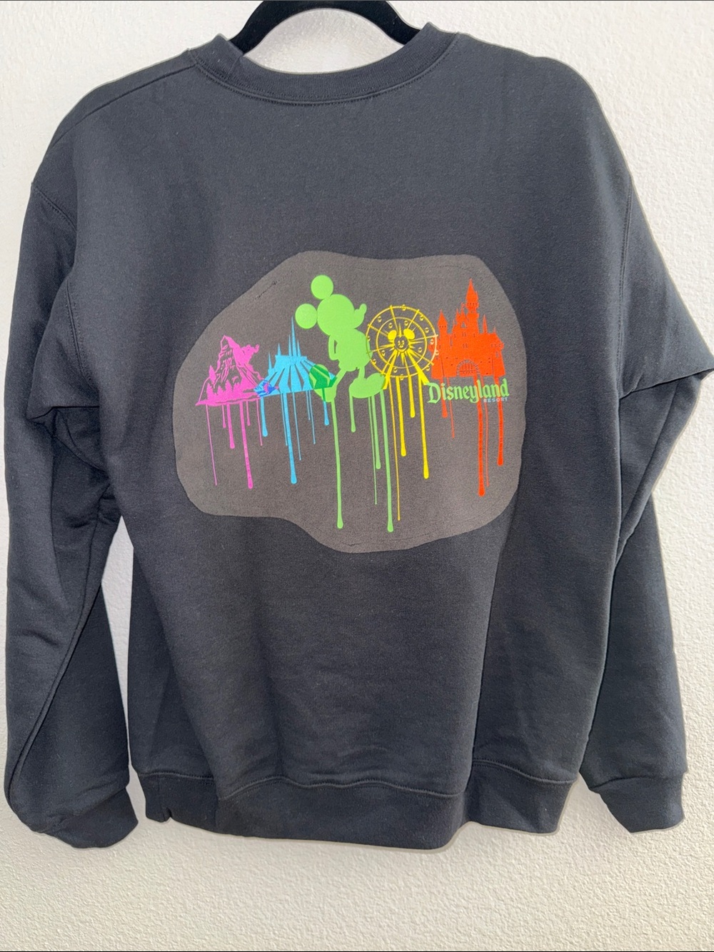 Upcycled NEW Disney Black Crewneck with Multicolor Neon Park Icons